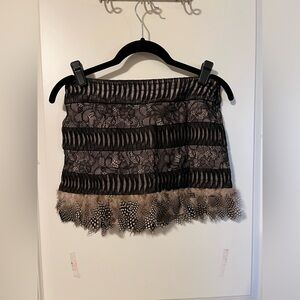 Bebe Feather Trimmed Lined Black and Beige Mini Skirt